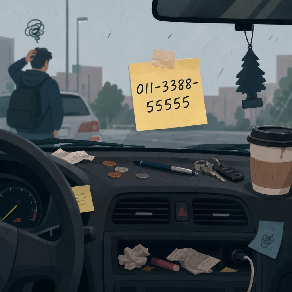 Cluttered car dashboard with a sticky note showing a phone number on the windscreen
