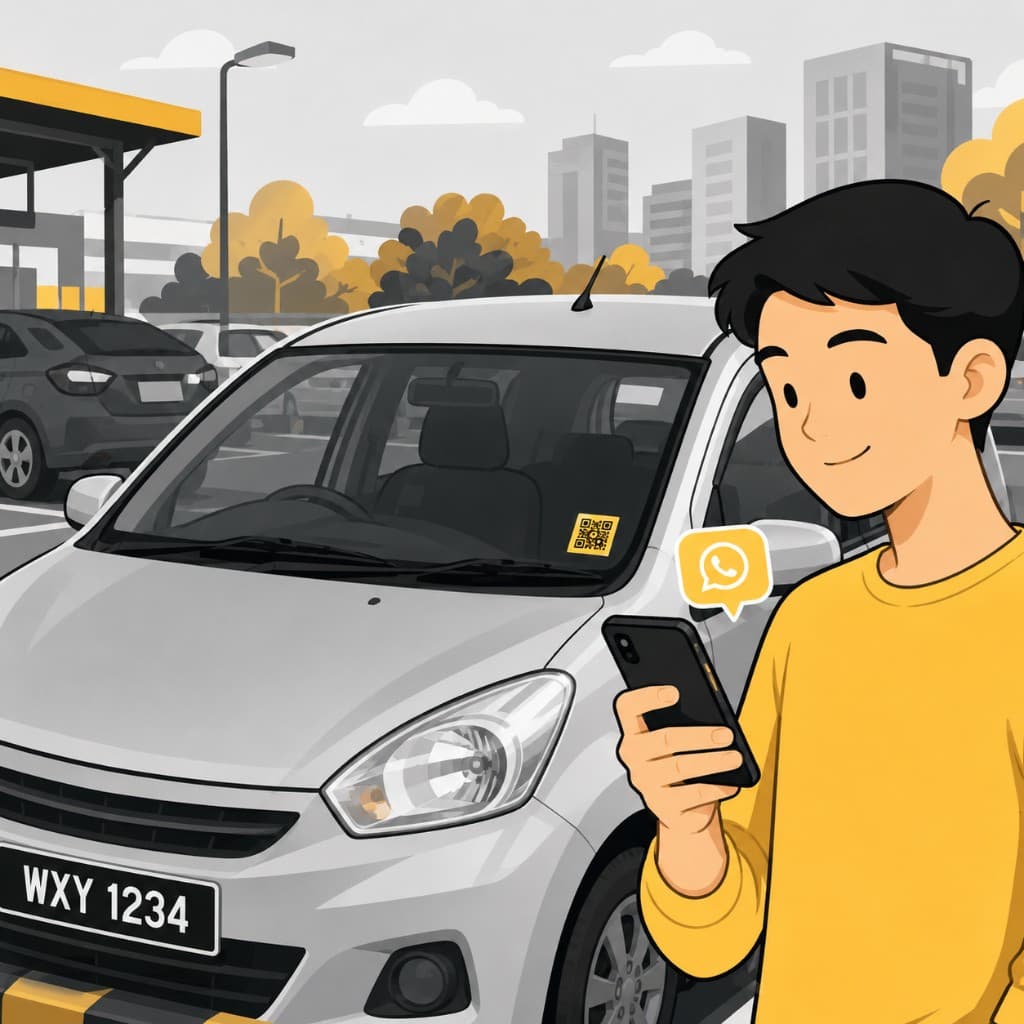 Person smiling at their phone next to a car with a PlatePings QR sticker on the windscreen